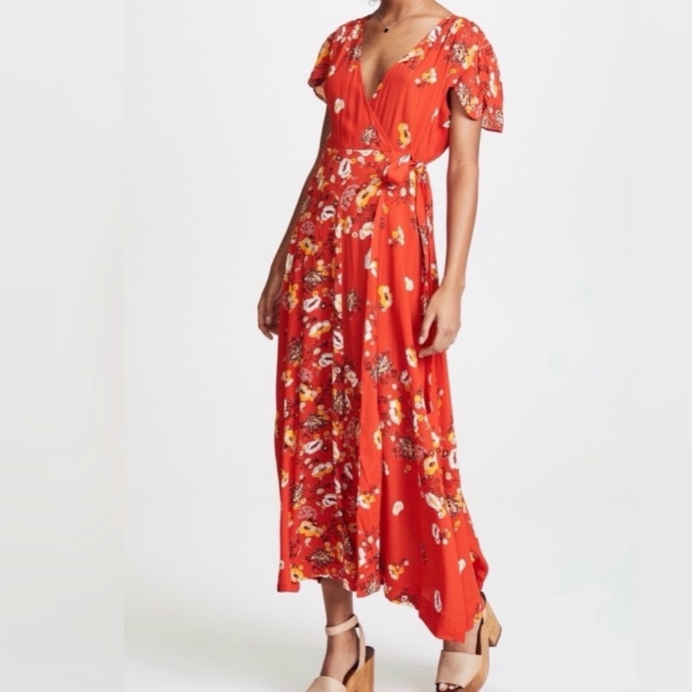 Free People Red Floral Wrap Maxi Dress Sz S